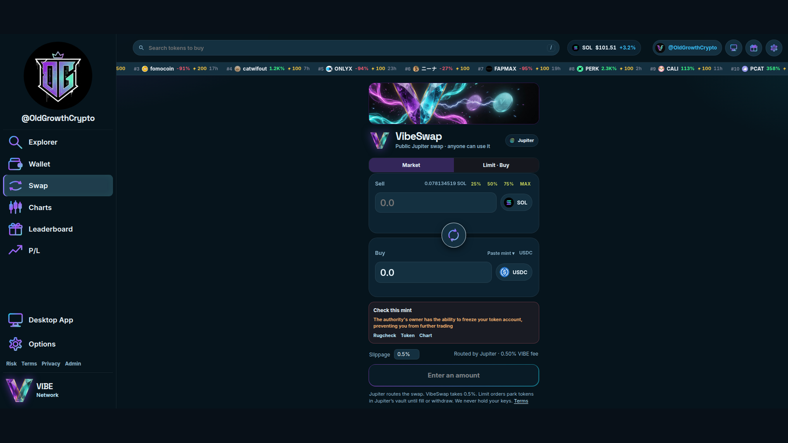 VibeSwap — public Jupiter swap, Explorer, Wallet, Charts